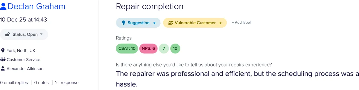 Labels applied to a piece of feedback in CustomerSure