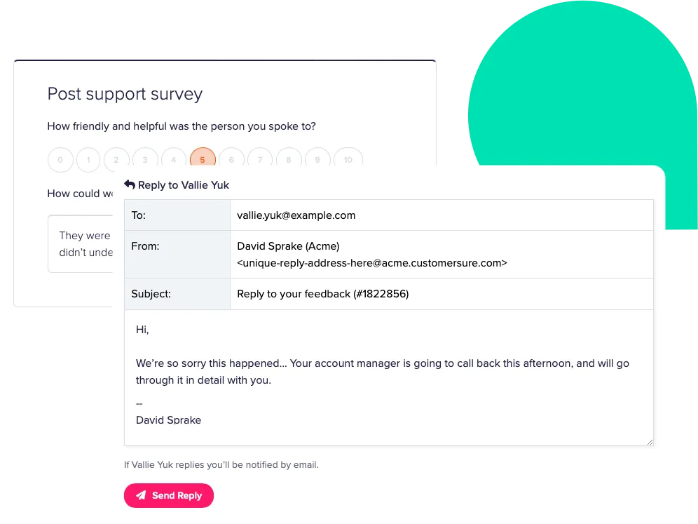 Screenshot showing how to reply to feedback in CustomerSure