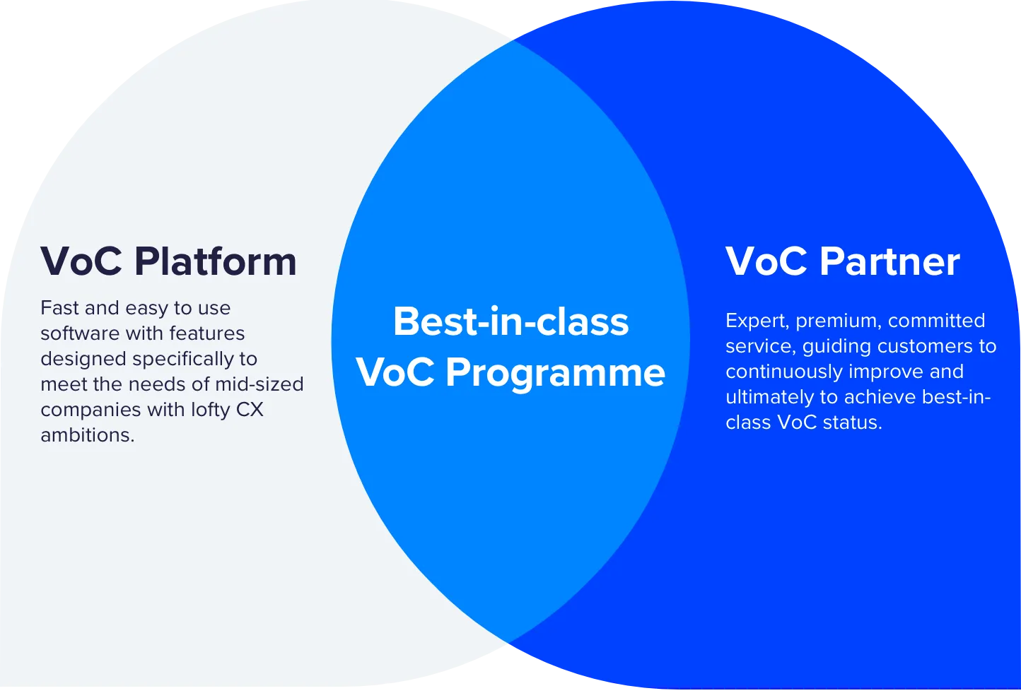 A venn diagram showing VoC Platform Overlapping with VoC Partner resulting in a Best-in-class VoC programme for our clients.