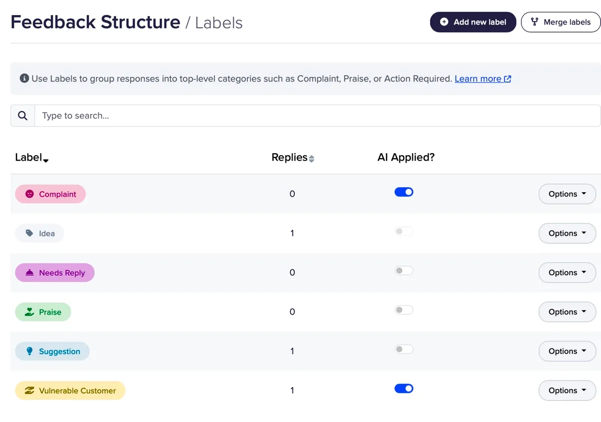 Label management in CustomerSure