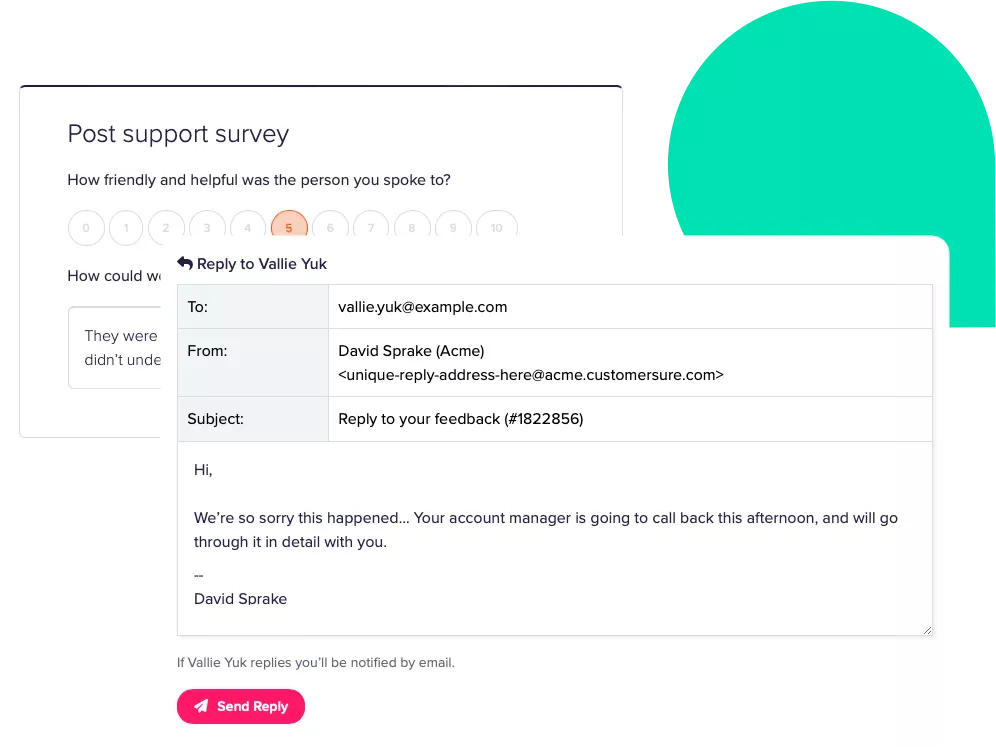 Screenshot showing how to reply to feedback in CustomerSure