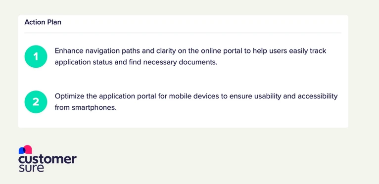 Screenshot showing the topic "Application process" with a positive sentiment applied to some customer feedback