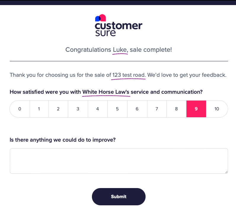 Screenshot highlighting survey personalisation in CustomerSure.