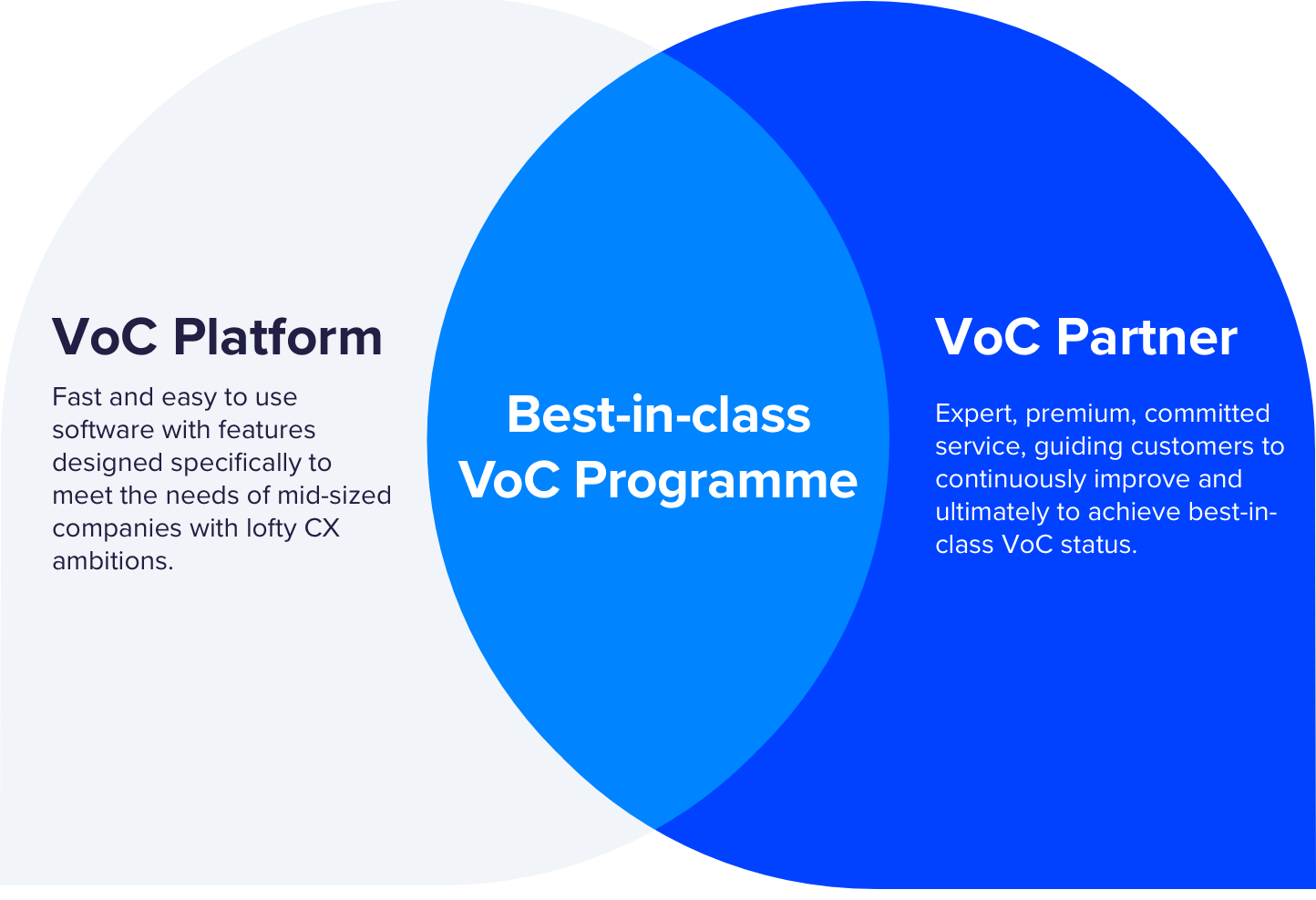 A venn diagram showing VoC Platform Overlapping with VoC Partner resulting in a Best-in-class VoC programme for our clients.