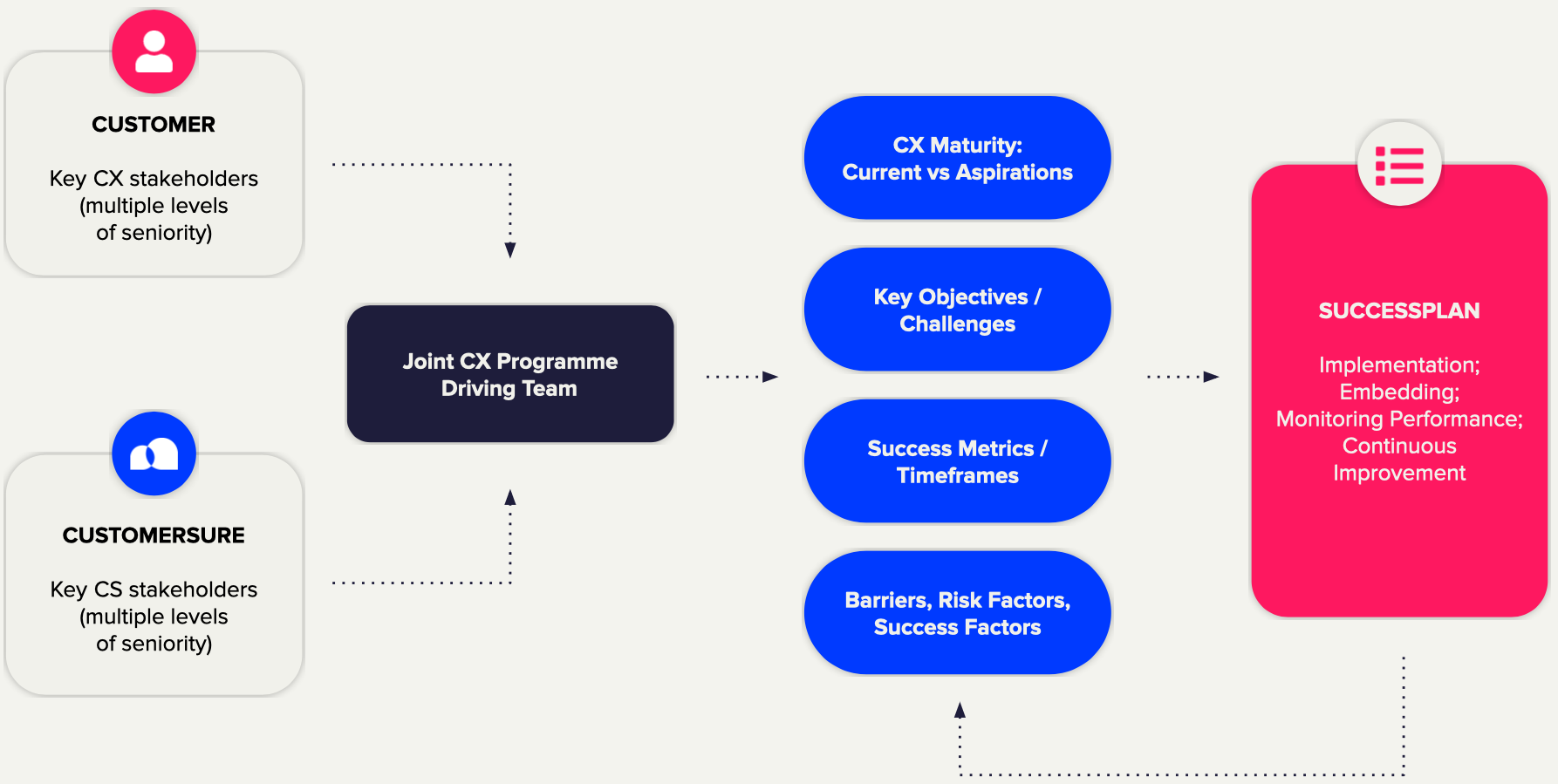 A flow diagram showing how CustomerSure work with the client as join driving team to create a success plan