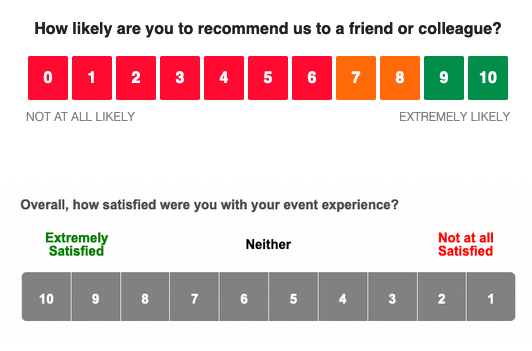 Examples of maniuplative survey scales. The first colour-codes certain numbers to infuence the reviewer to not pick these scores. The second is reversed to induce confusion.